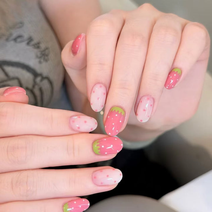 Strawberry-Themed Acrylic Nail Extensions