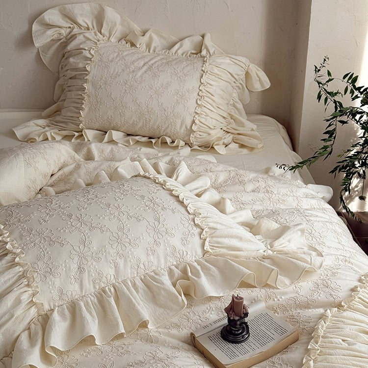Romantic embroidered cotton bedding set with ruffles and floral jacquard embroidery
