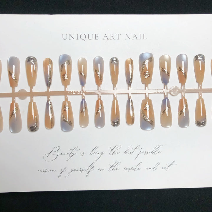 Elegant Press-On Nail Set with Gold Accents