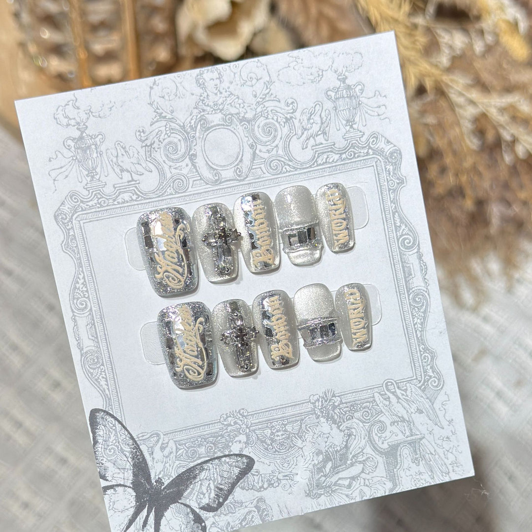 Metallic Press-On Nail Set with Decorative Silver Accents Stornfield