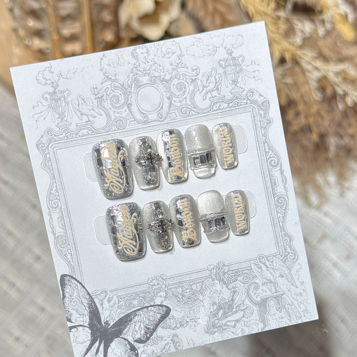 Metallic Press-On Nail Set with Decorative Silver Accents Stornfield