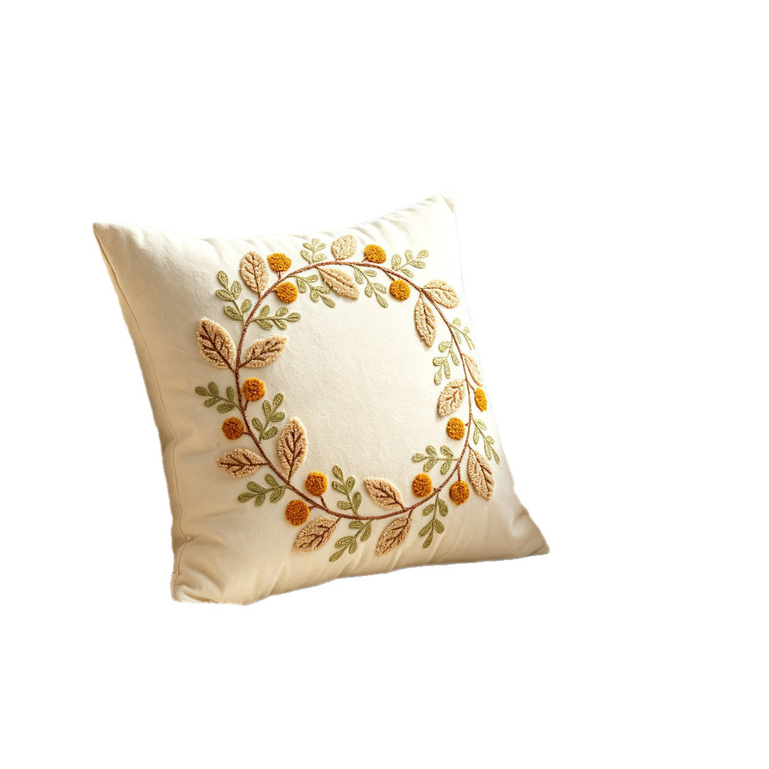 Embroidered Cozy Autumn Throw Pillow with Textured Pom Accents
