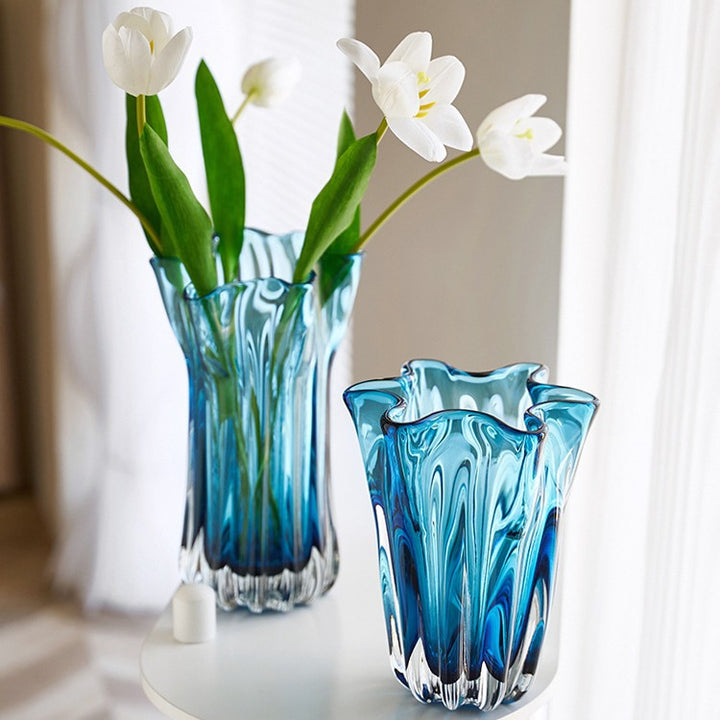 Handblown Ribbed Petal-Rim Decorative Glass Centerpiece Vase Stornfield