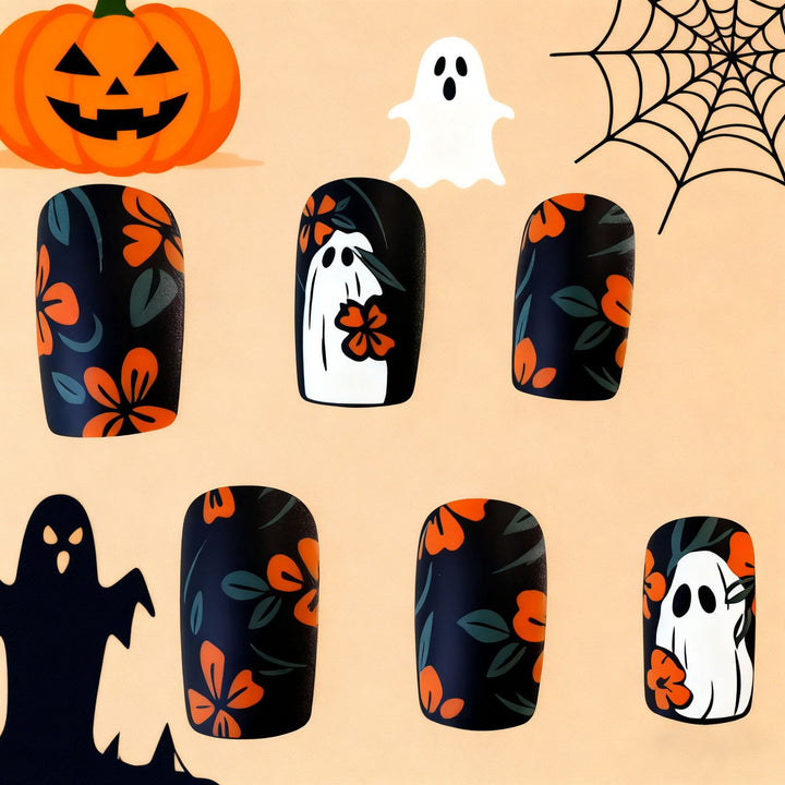 Artistic Floral Ghost-Themed Nail Art Enhancements Stornfield