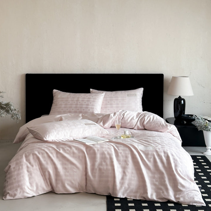 Premium cotton satin bedding set with jacquard check and heart motif