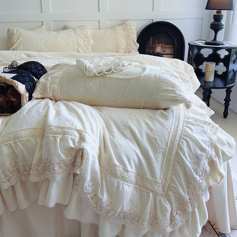 Vintage-Inspired Ruffled Chenille Medallion Bedspread & Sham Set with Lace-Trim Bed Skirt