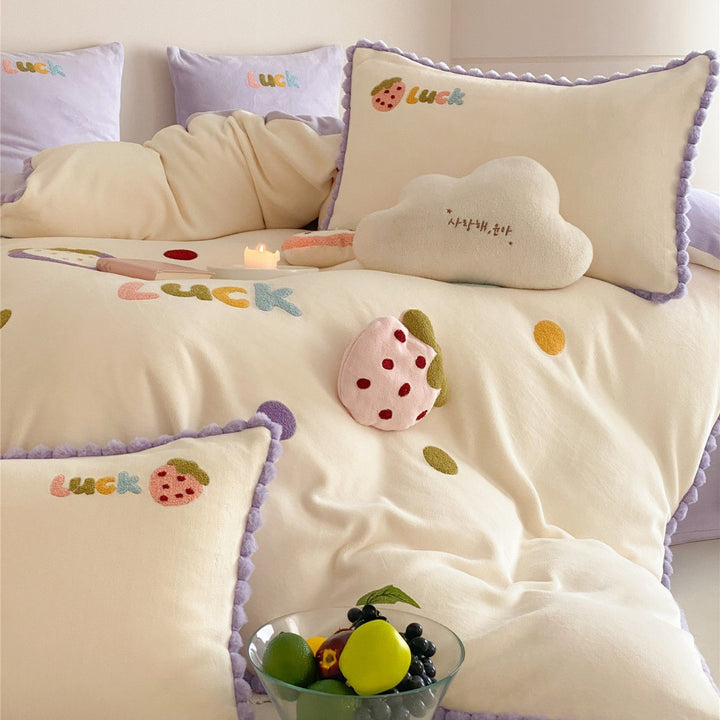Cozy Plush Chenille Strawberry Appliqué Duvet Cover Set with Lavender Pom-Pom Trim