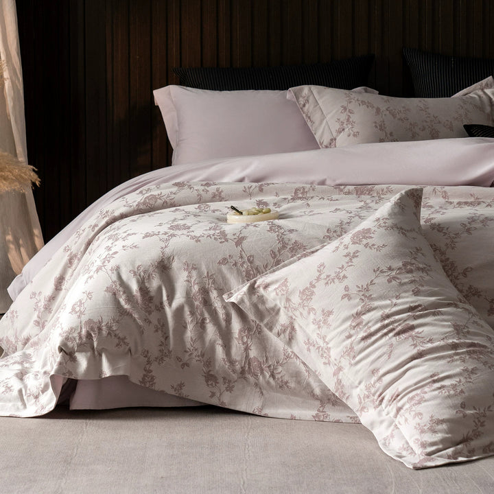Luxury Cotton Sateen Reversible Duvet Cover Set with Scrolled Jacquard Print and Tailored Hem