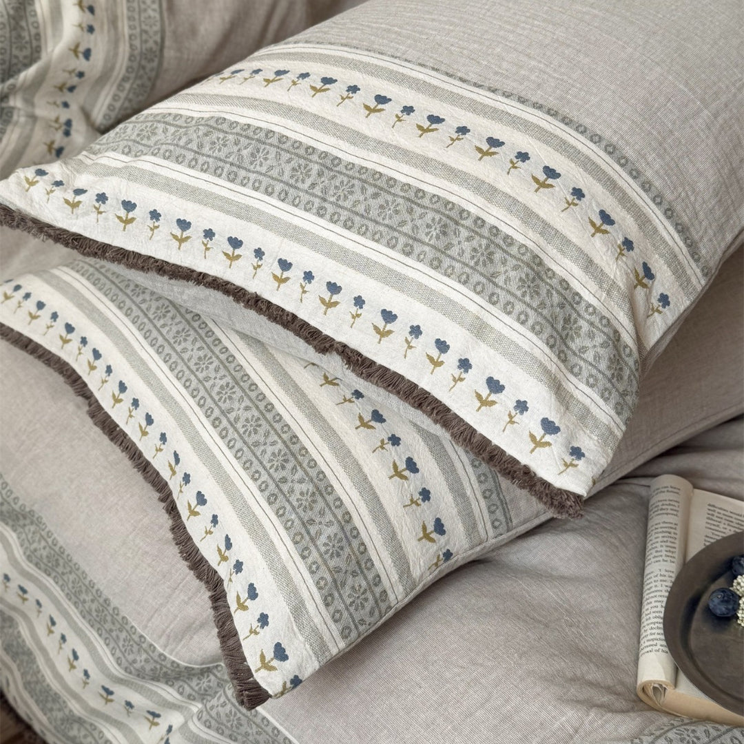 Linen-Blend Bohemian Printed Duvet Cover Set with Fringed Edge and Pillow Shams