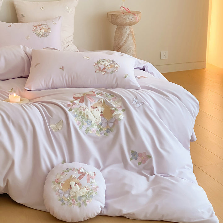 Pastel Botanical Embroidered Duvet Cover Set with Decorative Round Cushion