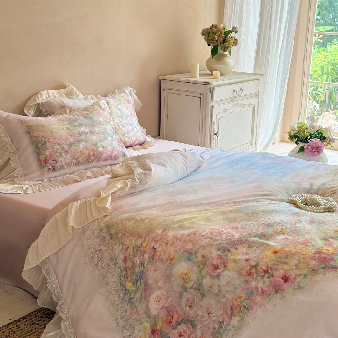 Floral Ruffled Lace-Trim Duvet Cover Set