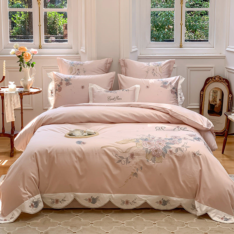 Floral Embroidered Cotton Duvet Cover Ensemble with Scalloped Border & Decorative Shams