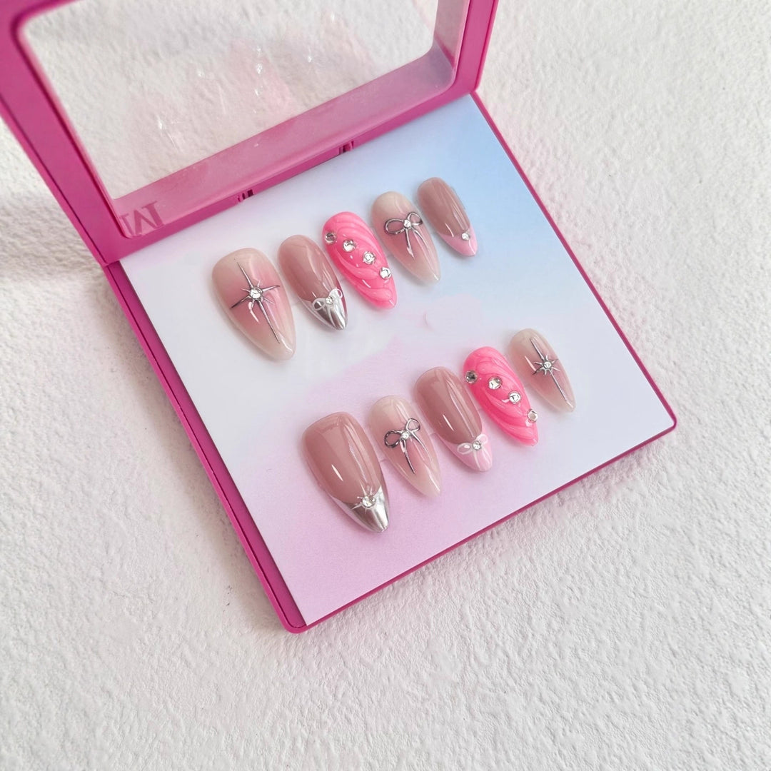 Luxury Press-On Nail Art Set with Decorative Gem and Bow Accents