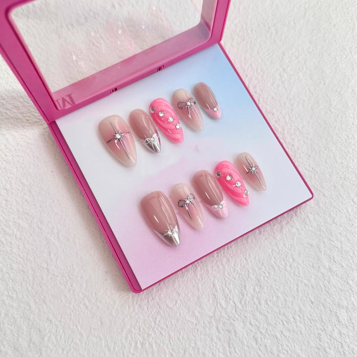 Luxury Press-On Nail Art Set with Decorative Gem and Bow Accents