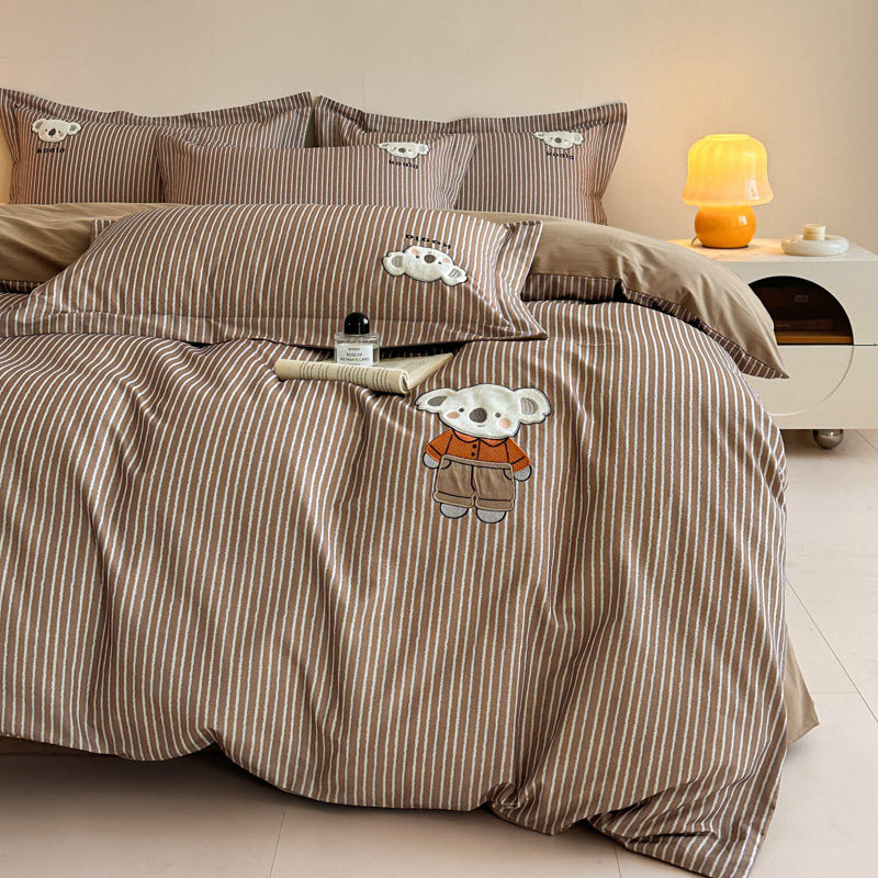 Green Striped Cotton-Rich Duvet Cover Set with Embroidered Koala and Reversible Brown Lining