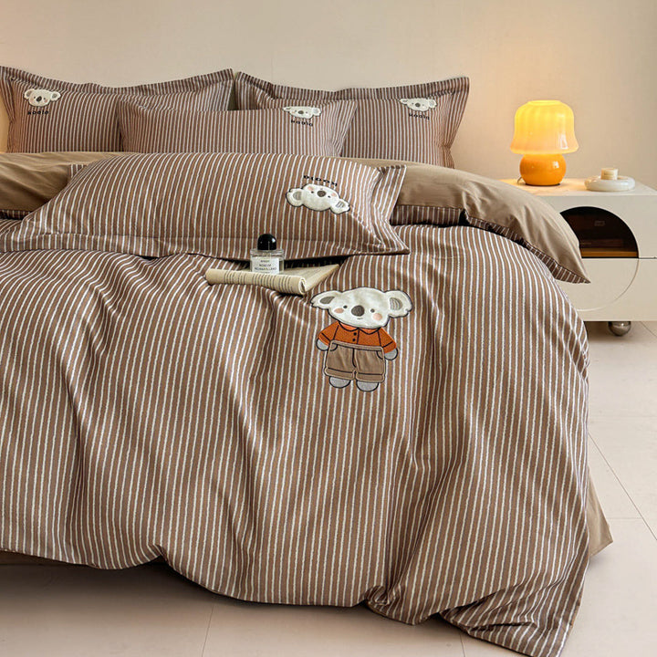 Green Striped Cotton-Rich Duvet Cover Set with Embroidered Koala and Reversible Brown Lining