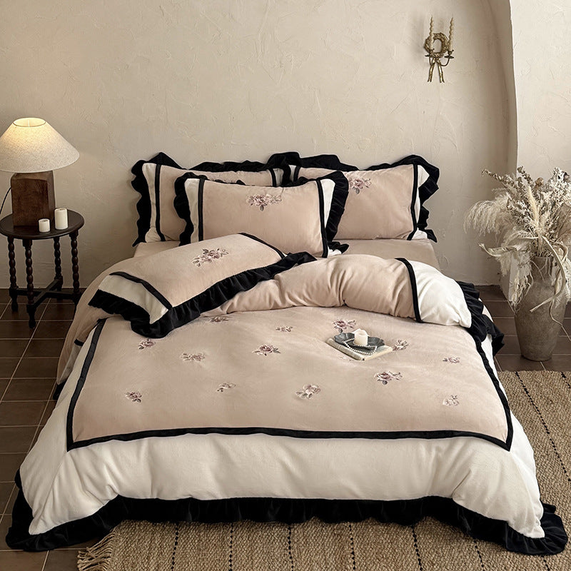 Floral Embroidered Ruffled Duvet Cover Ensemble with Velvet-Framed Panels and Pillow Shams
