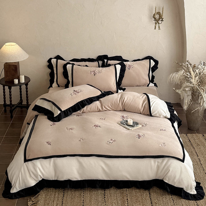 Floral Embroidered Ruffled Duvet Cover Ensemble with Velvet-Framed Panels and Pillow Shams