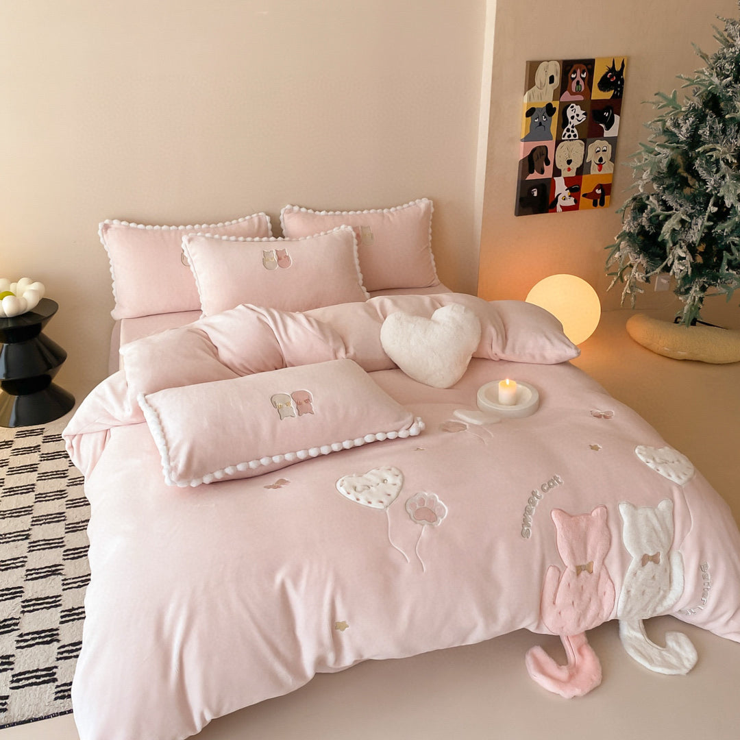 Plush Embroidered Cat Appliqué Duvet Cover Set with Pom-Pom Trim and Heart Throw Pillow
