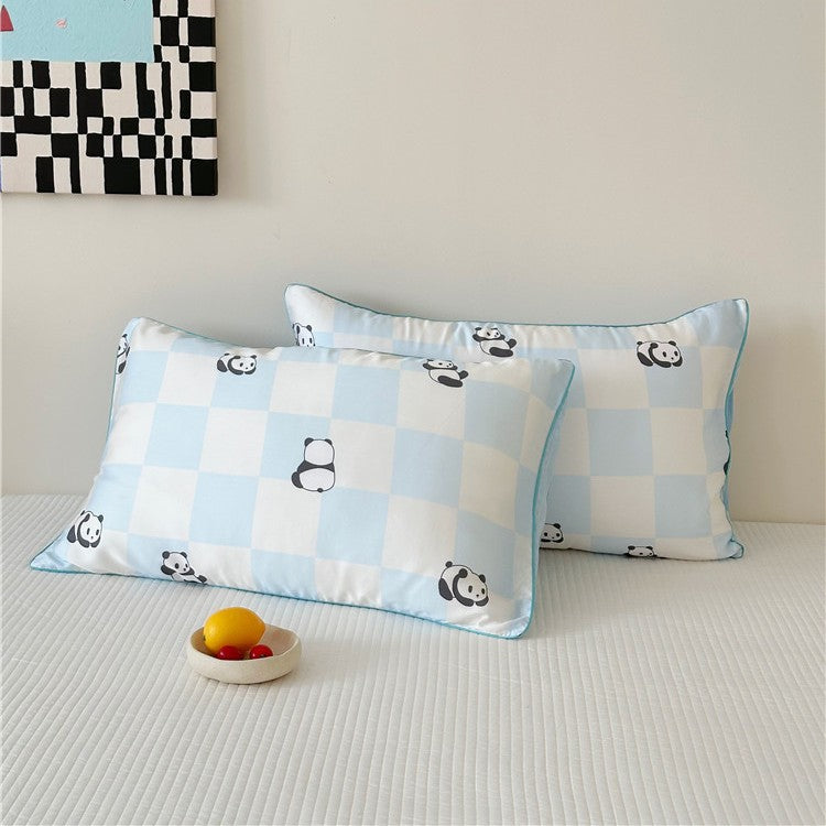 Children's pillowcase set made of cotton satin with panda print and checked design Stornfield