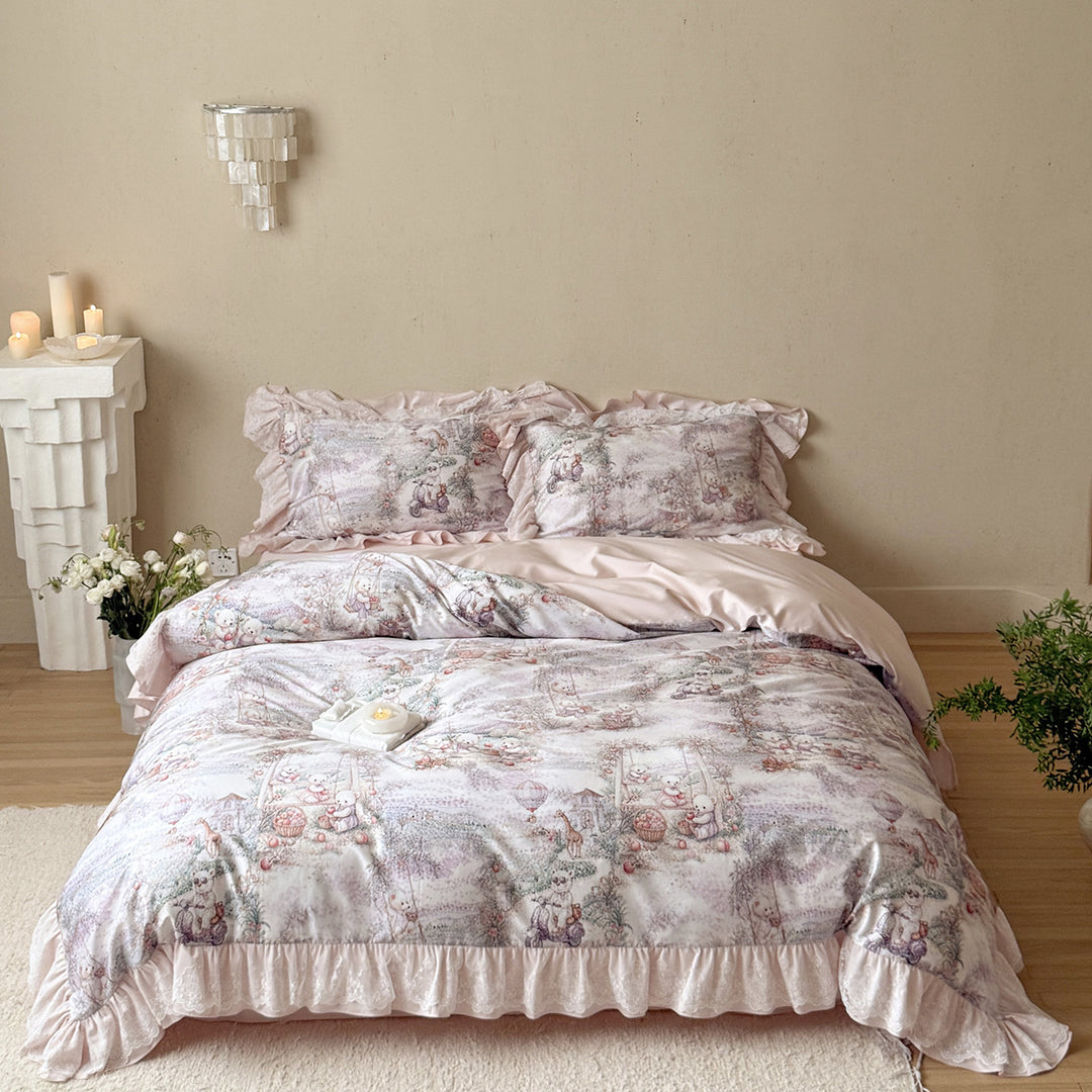 Ruffled Cotton-Sateen Reversible Duvet Cover Set with Pastel Fantasy Animal Print and Lace-Trim Pillow Shams