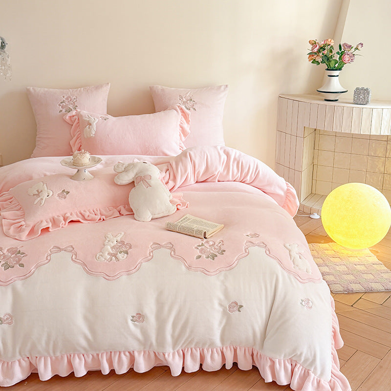 Luxurious bedding set with ruffles and floral embroidery