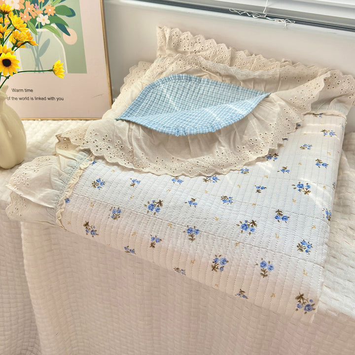 Quilted Floral Reversible Throw Blanket with Eyelet Lace Ruffle