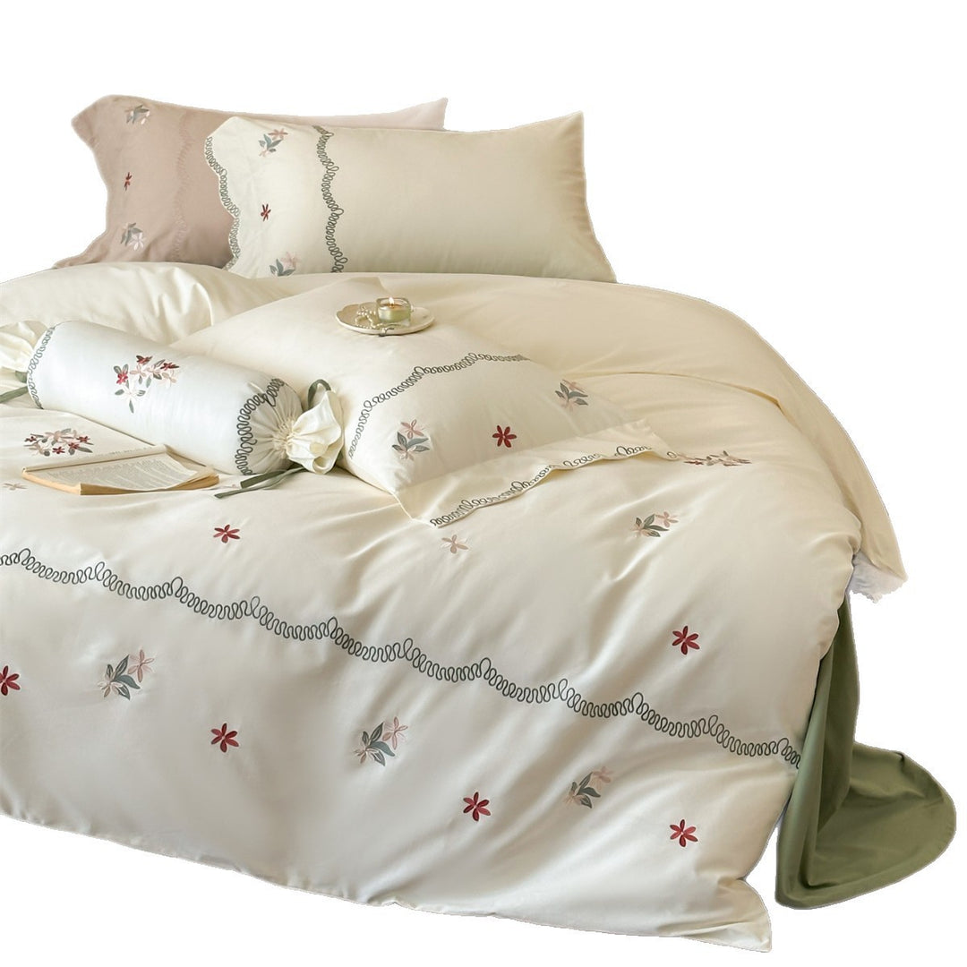 Embroidered Floral Cotton Sateen Duvet Cover Set with Scalloped Wave Stitching and Pillow Shams