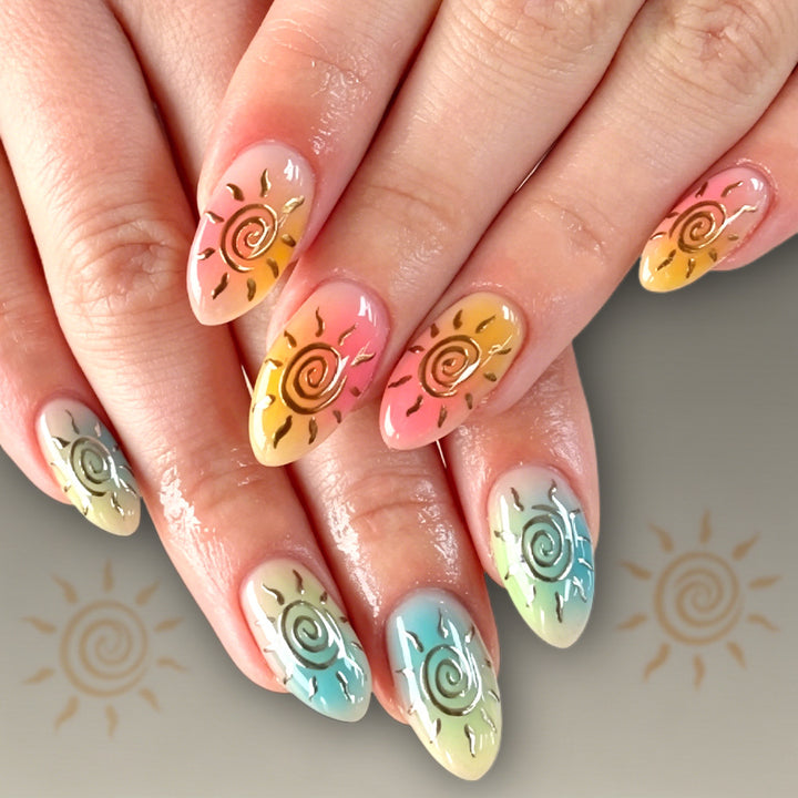 Artistic Press-On Nail Set Featuring Sun Designs Stornfield