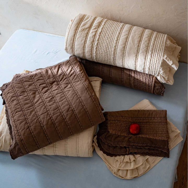 Quilted Washed Cotton Oversized Coverlet with Scalloped Ruffle and Matching Pillow Shams