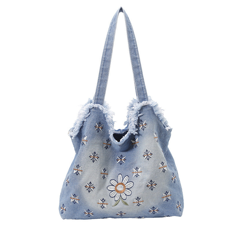 Floral Embroidered Denim Tote Bag