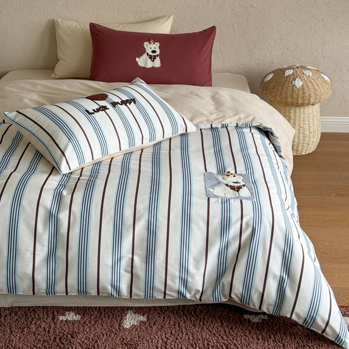 Striped Duvet Cover Set with Embroidered Puppy Appliqué and Matching Pillowcases