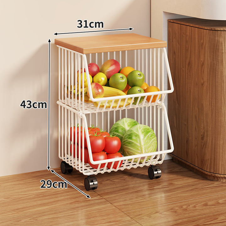 Compact Triple-Tier Rolling Wire Vegetable and Fruit Storage Cart with Wooden Top