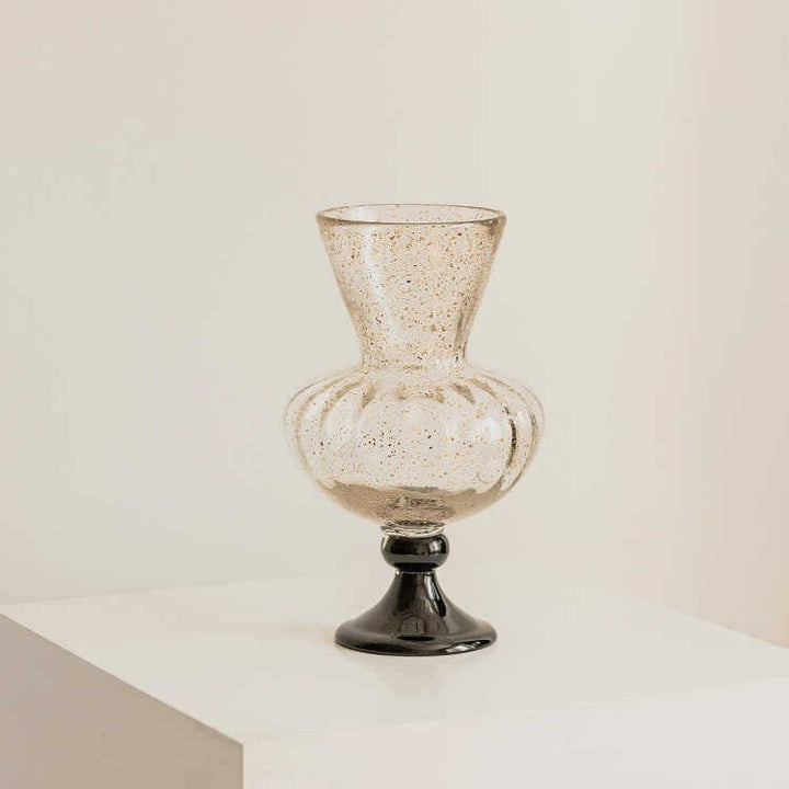Decorative Blown Glass Ribbed Bulb Vase with Goblet Pedestal Stornfield