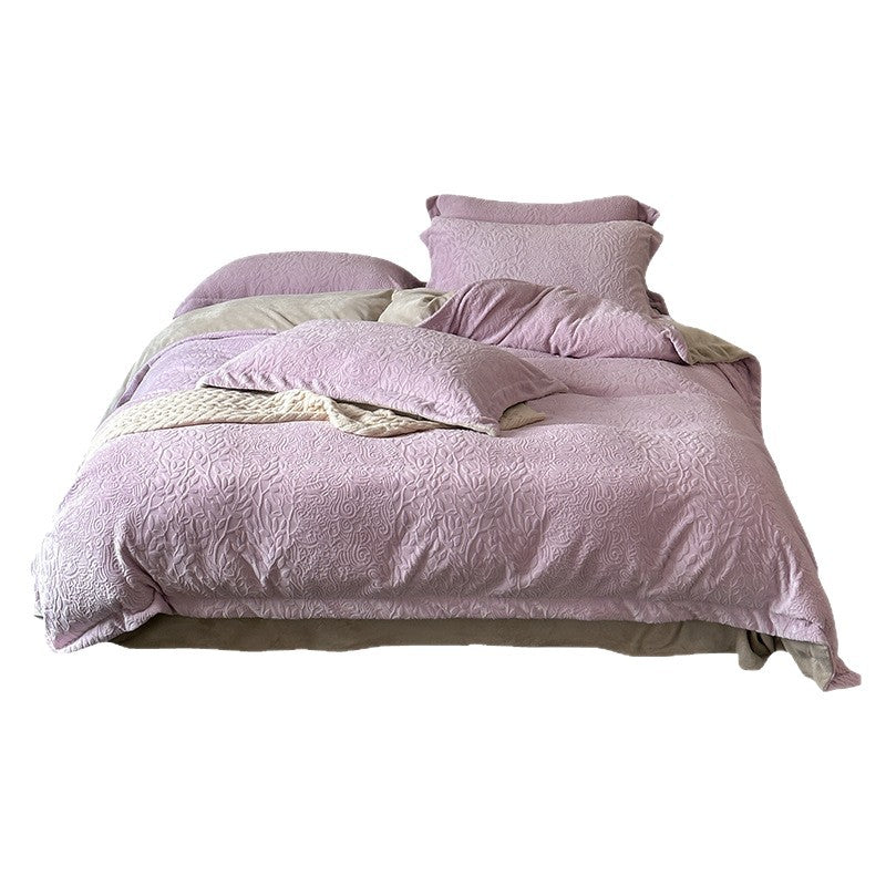 Textured Quilted Duvet Cover Set with Embossed Leaf Jacquard and Matching Pillow Shams