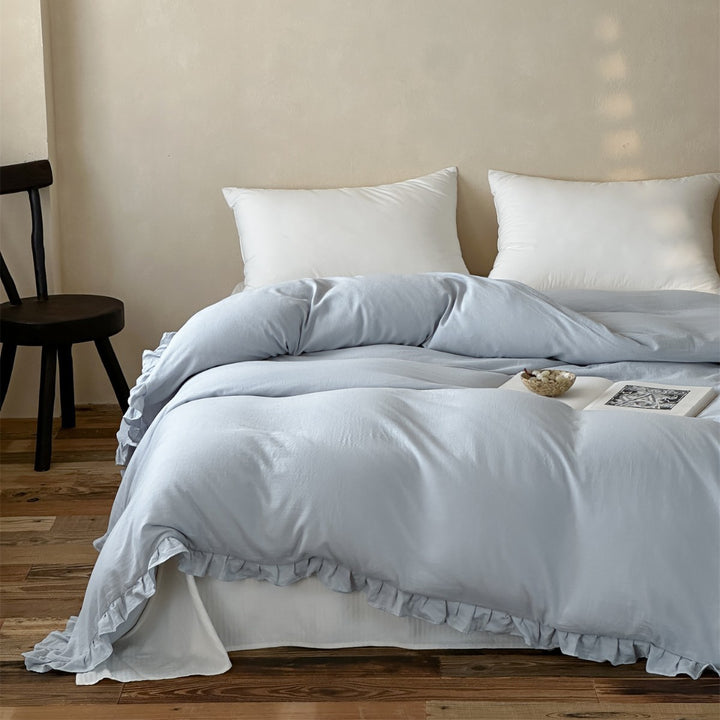 Washed Soft-Touch Ruffled-Hem Cotton-Linen Blend Duvet Cover Set with Hidden Corner Ties
