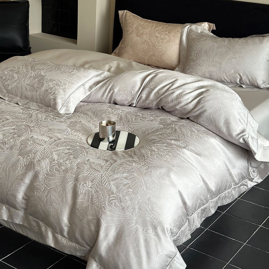 Satin-Jacquard Botanical Duvet Cover Ensemble