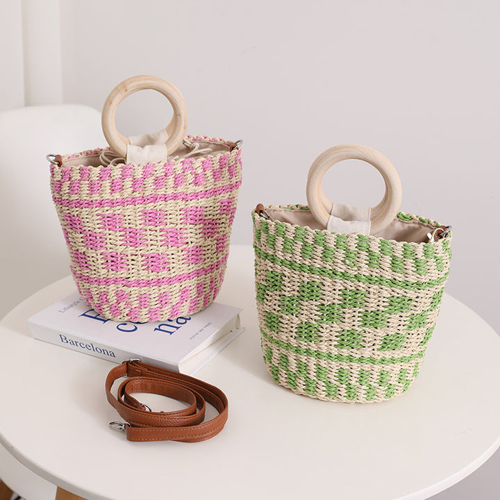 Handcrafted basket bag with wooden handle and adjustable shoulder strap Stornfield