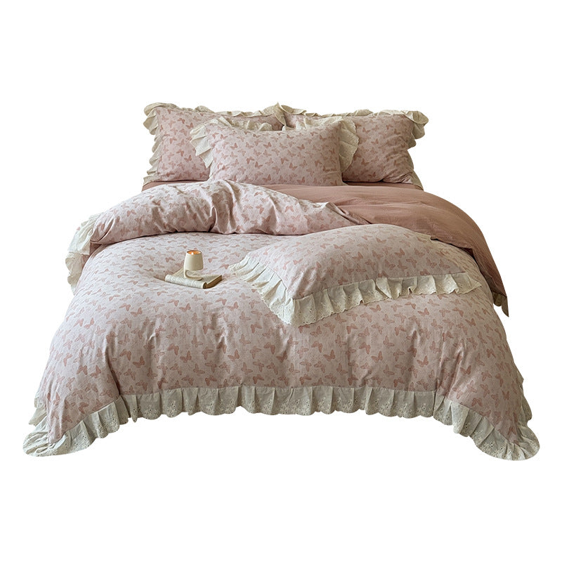 Romantic Cotton Sateen Butterfly-Print Duvet Cover Set with Eyelet Ruffle