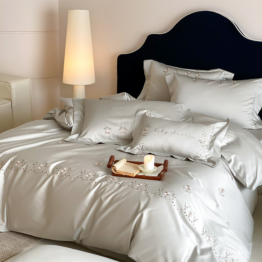 Embroidered Satin Duvet Cover Set with Delicate Floral Scroll