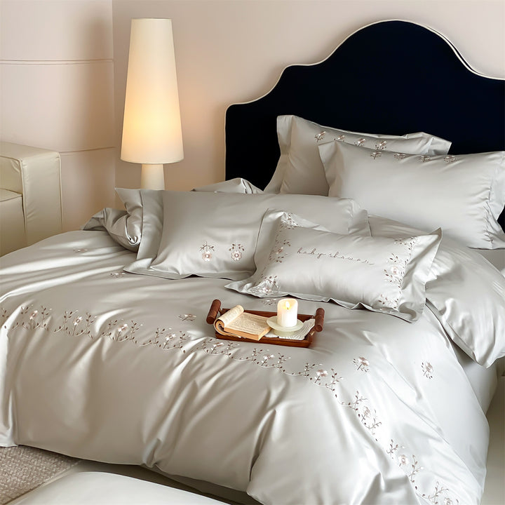 Embroidered Satin Duvet Cover Set with Delicate Floral Scroll