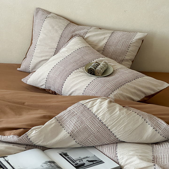 Luxury Washed Cotton-Linen Duvet Cover Set with Woven Stripe Accents