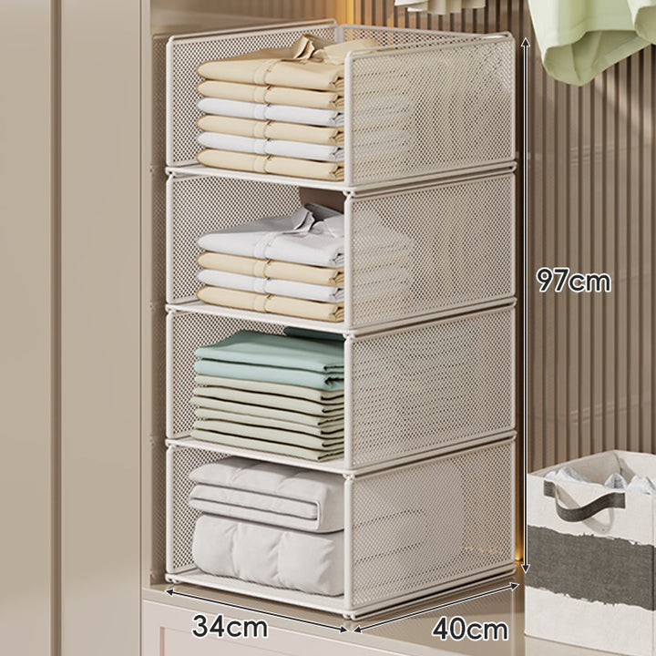 Vertical Stackable Mesh Closet Storage Tower with Four Pull-Out Ventilated Drawers