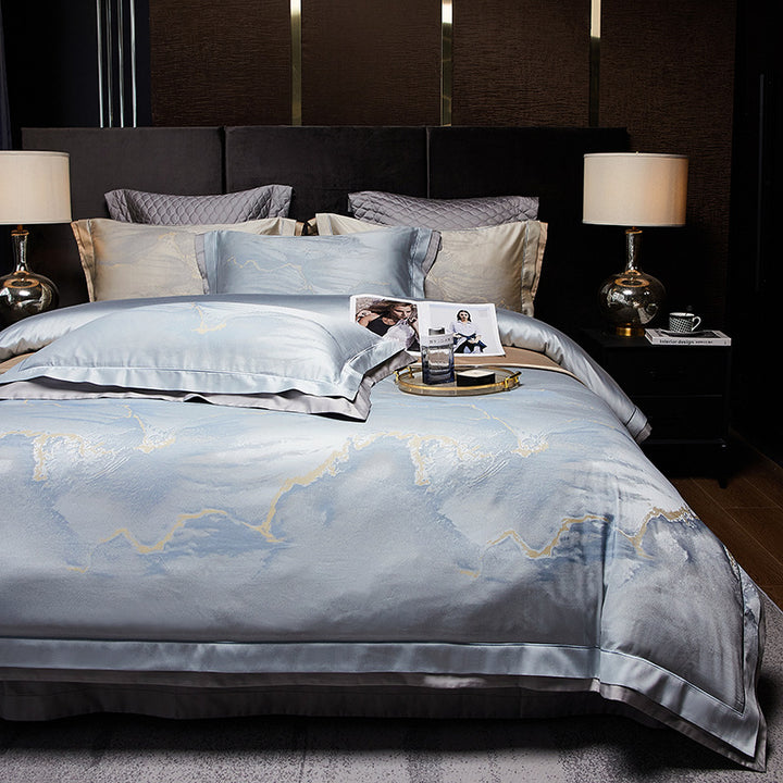 Silky Sateen Marble-Print Duvet Cover Ensemble with Reversible Back and Hidden Corner Ties