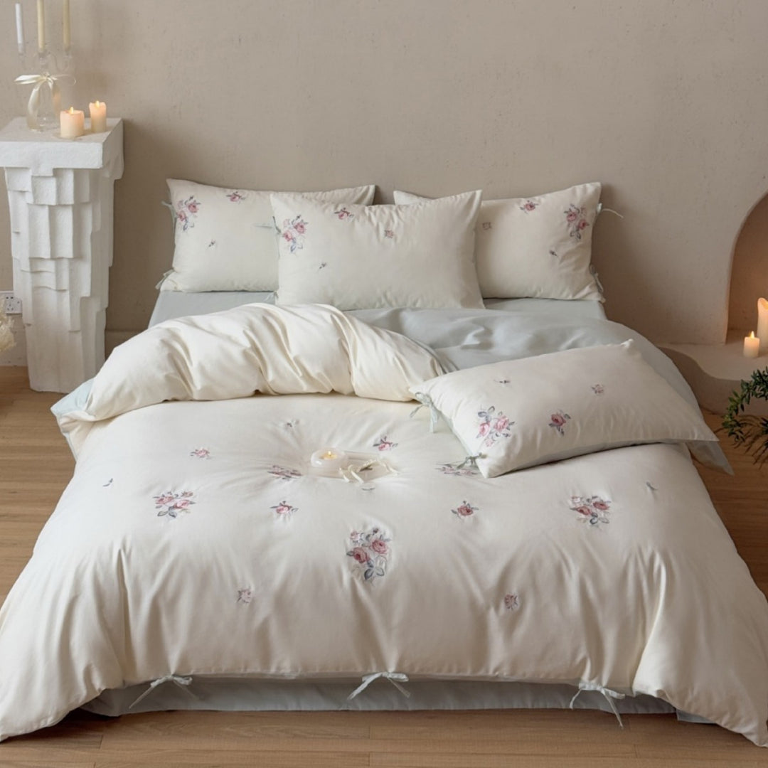 Embroidered Cotton Sateen Reversible Duvet Cover Set with Interior Ties & Matching Pillowcases