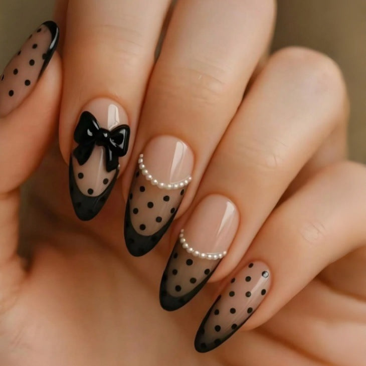 Elegant Polka Dot Press-On Nails with Bow Accents Stornfield
