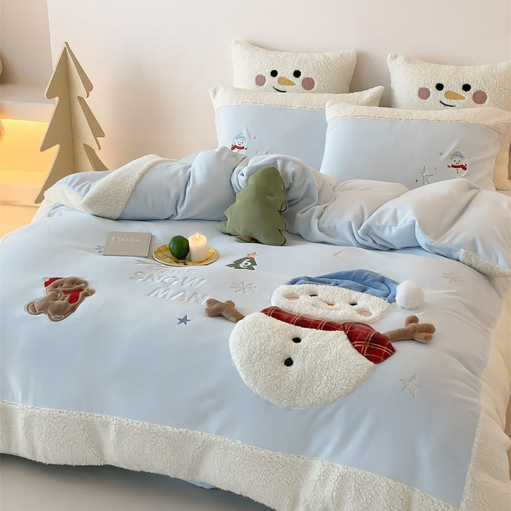 Children's bedding set with teddy fleece edge and three-dimensional snowman appliqués