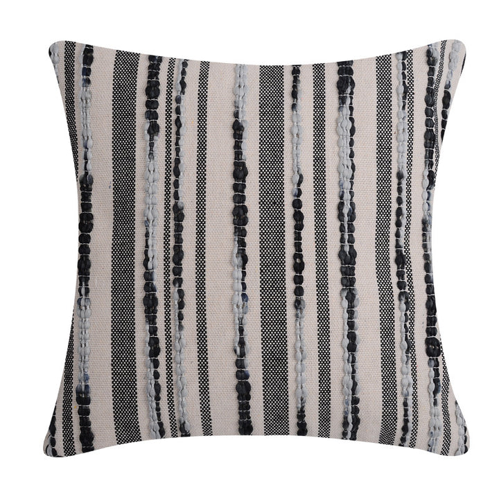Decorative square cushion cover made of cotton-linen with tufted stripes and bouclé accents