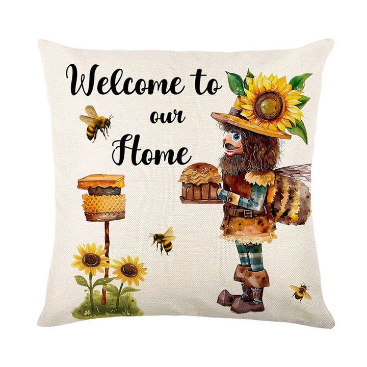 Square Decorative Cotton-Linen Throw Pillow Cover with Beehive Honeylife Illustration