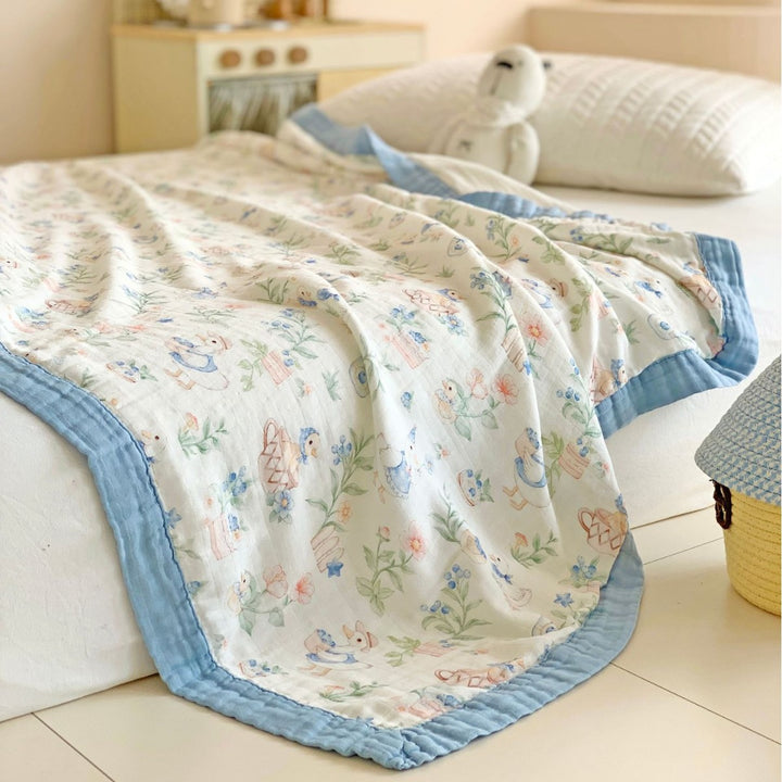 Muslin Cotton Blanket with Whimsical Animal Print and Quilted Border